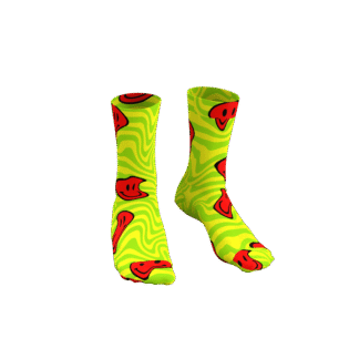 MEALLDAY Melt Collection crew sock in Hazard colorway — neon yellow base with green swirl and melting red smiley faces