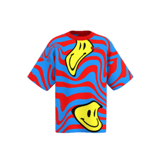 MEALLDAY Melt Collection oversized tee in Riot colorway — blue base with red swirl pattern and large melting yellow smiley faces, MEALLDAY branding on chest and sleeve