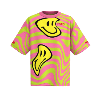 MEALLDAY Melt Collection oversized tee in Slime colorway — neon green base with pink swirl and large melting yellow smiley faces, MEALLDAY logo on chest