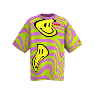 MEALLDAY Melt Collection oversized tee in Slime colorway — neon green base with lavender purple swirl and large melting yellow smiley faces