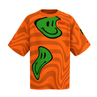 MEALLDAY Melt Collection oversized tee in Ember colorway — orange base with dark orange swirl and large melting green smiley faces, MEALLDAY logo in red