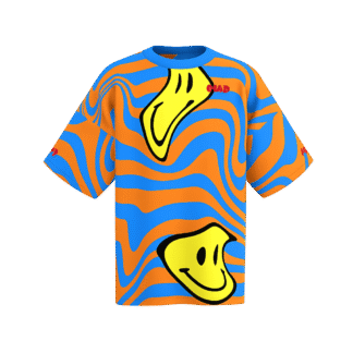 MEALLDAY Melt Collection oversized tee in Blaze colorway — blue base with orange swirl and large melting yellow smiley faces, MEALLDAY branding at chest and sleeve