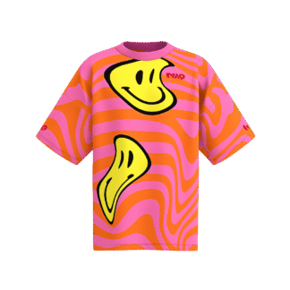MEALLDAY Melt Collection oversized tee in Crush colorway — pink base with orange swirl and large melting yellow smiley faces, MEALLDAY logo on chest