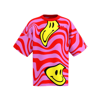 MEALLDAY Melt Collection oversized tee in Warp colorway — purple lavender base with red swirl and large melting yellow smiley faces, MEALLDAY logo in red