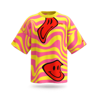 MEALLDAY Melt Collection oversized tee in Burst colorway — neon yellow base with pink swirl and large melting red smiley faces, MEALLDAY logo in red