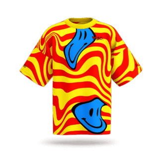 MEALLDAY Melt Collection oversized tee in Voltage colorway — yellow base with red swirl and large melting blue smiley faces, MEALLDAY logo in red