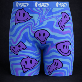 Close-up of Meallday Melt Boxer Briefs in Violet Wave colorway, showing a wavy, psychedelic marble pattern of cyan, sky blue, and indigo with rich purple melting smiley faces and a light blue waistband.