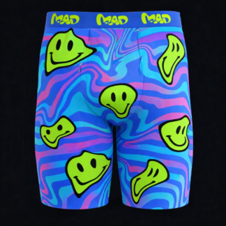 Close-up of Meallday Melt Boxer Briefs in Electric Berry colorway, showing a high-contrast swirl pattern of purple, magenta, and blue with melting bright neon-green smiley faces.
