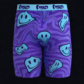 Close-up of Meallday Melt Boxer Briefs in Blue Velvet colorway, featuring a high-contrast swirl pattern of dark indigo and purple with melting bright sky-blue smiley faces.