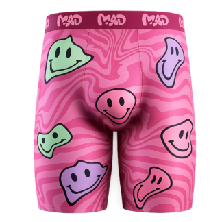 Close-up of Meallday Melt Boxer Briefs in Bubblegum Burst colorway, featuring a vibrant pink background pattern with multi-colored melting smiley faces in pastel green, purple, and soft pink.