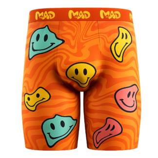 Close-up of Meallday Melt Boxer Briefs in Cyber Sunset colorway, featuring a wavy psychedelic marble pattern of warm medium purple, lavender, and faint sunset-orange highlights with melting multi-colored smiley faces in golden yellow, lavender pink, and orange.