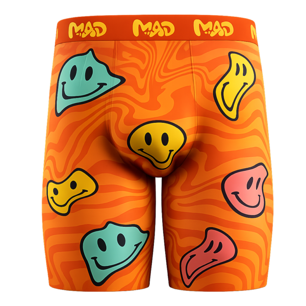 Close-up of Meallday Melt Boxer Briefs in Cyber Sunset colorway, featuring a wavy psychedelic marble pattern of warm medium purple, lavender, and faint sunset-orange highlights with melting multi-colored smiley faces in golden yellow, lavender pink, and orange.