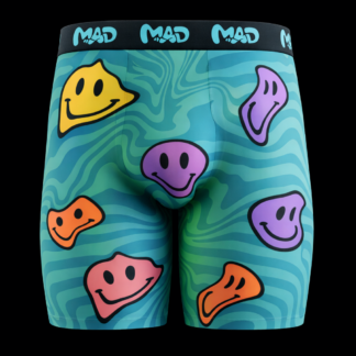 Close-up of Meallday Melt Boxer Briefs in Toxic Teal colorway, featuring a wavy psychedelic marble pattern of deep teal and glowing green with melting multi-colored smiley faces in purple, pink, orange, and yellow. * **Image Caption:** The Meallday Melt Boxer Brief in Toxic Teal—clashing an electric green-and-teal wave pattern with an explosive array of multi-colored melting graphics.