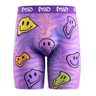 Close-up of Meallday Melt Boxer Briefs in Toxic Violet colorway, featuring a deep violet purple and dark blue wavy marble pattern with high-contrast melting neon lime-green smiley faces below a black waistband.