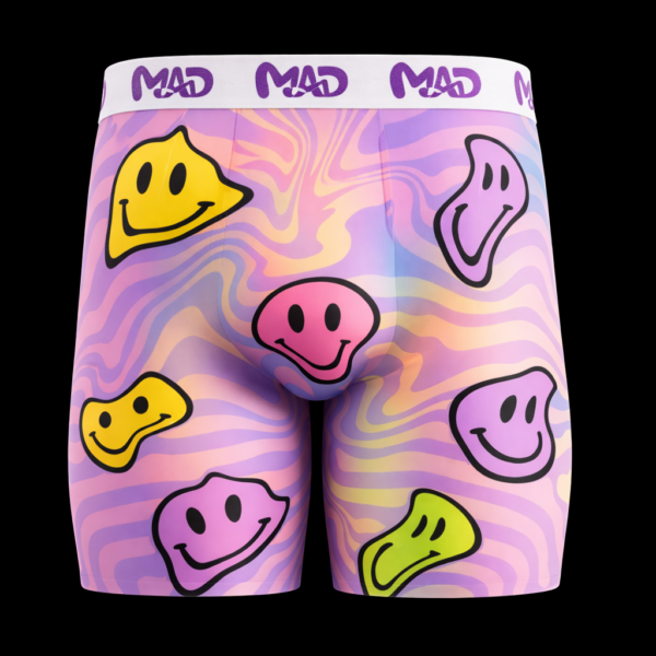 Close-up of Meallday Melt Boxer Briefs in Cosmic Candy colorway, featuring a soft pastel tie-dye marble background with blended washes of pink, purple, and yellow, decorated with melting smiley faces in golden yellow, hot pink, and lime green under a white waistband