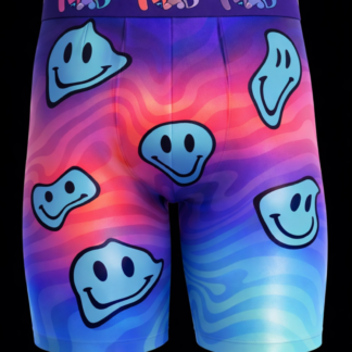 Close-up of Meallday Melt Boxer Briefs in Retro Radiance colorway, featuring a horizontal gradient design transitioning from a deep indigo top to a warm crimson center and a bright sky blue base, decorated with melting light aqua blue smiley faces.