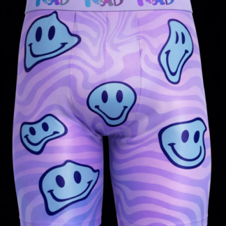 Close-up of Meallday Melt Boxer Briefs in Lavender Haze colorway, featuring a pastel purple and lavender wavy marble pattern with melting light sky blue smiley faces and a lavender waistband with blue and purple MAD logos.