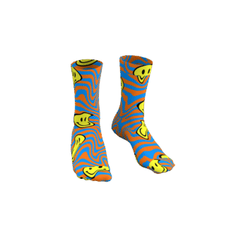 MEALLDAY Melt Collection crew sock in Blaze colorway — blue base with orange swirl and melting yellow smiley faces