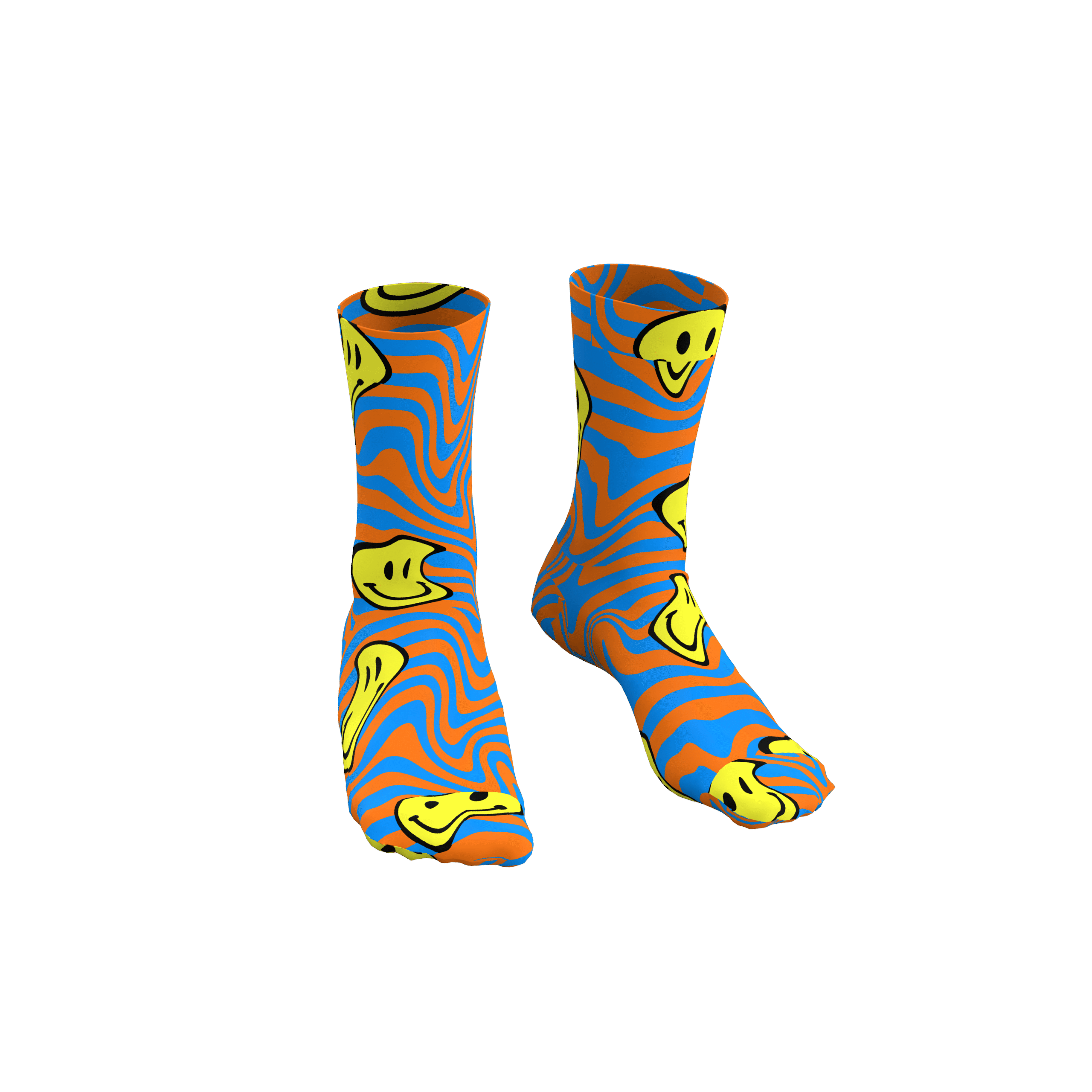 MEALLDAY Melt Collection crew sock in Blaze colorway — blue base with orange swirl and melting yellow smiley faces