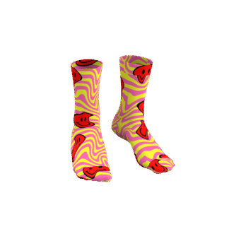 MEALLDAY Melt Collection crew sock in Burst colorway — neon yellow base with pink swirl and melting red smiley faces