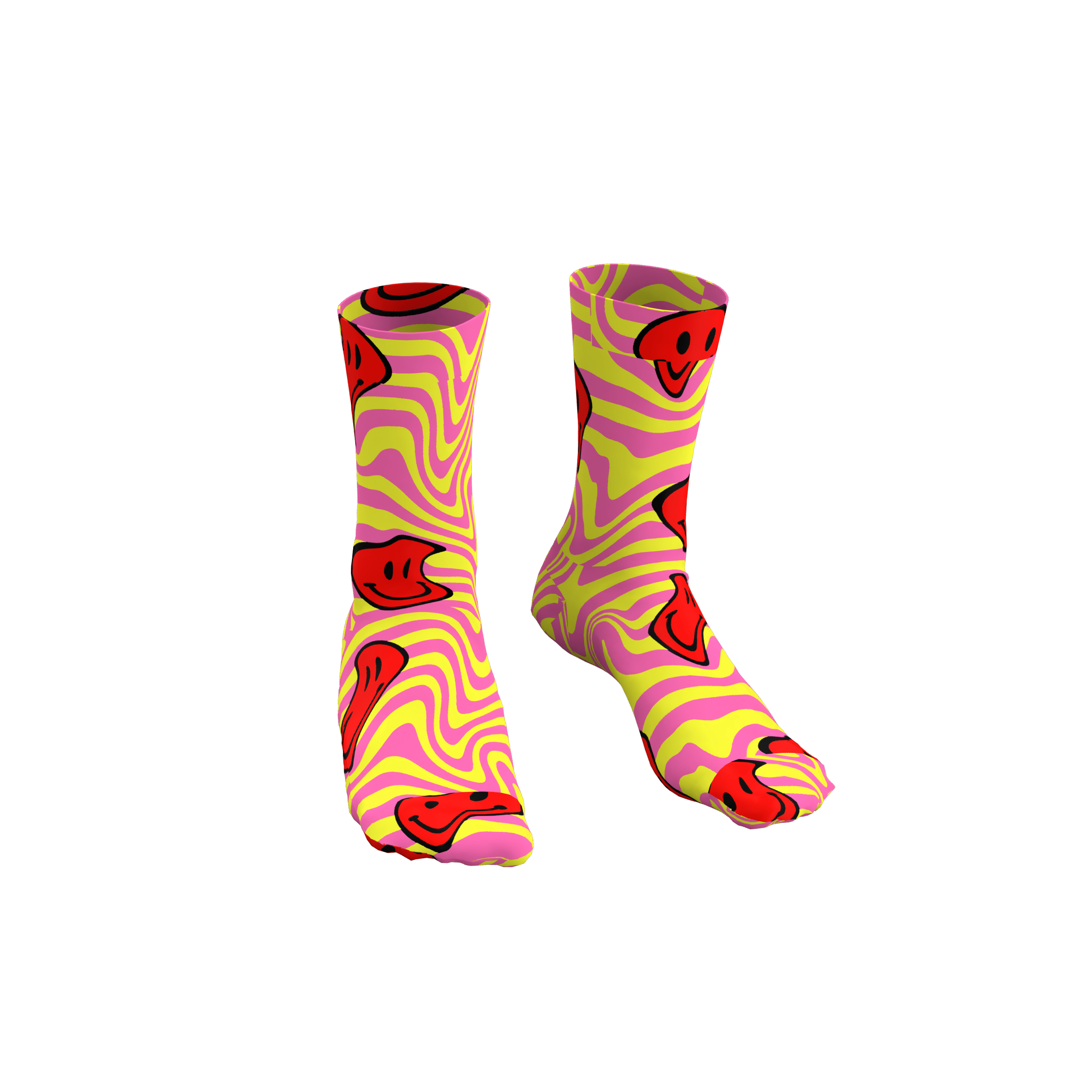 MEALLDAY Melt Collection crew sock in Burst colorway — neon yellow base with pink swirl and melting red smiley faces