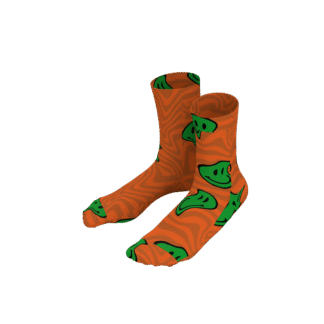 MEALLDAY Melt Collection crew sock in Ember colorway — orange base with dark orange swirl and melting green smiley faces