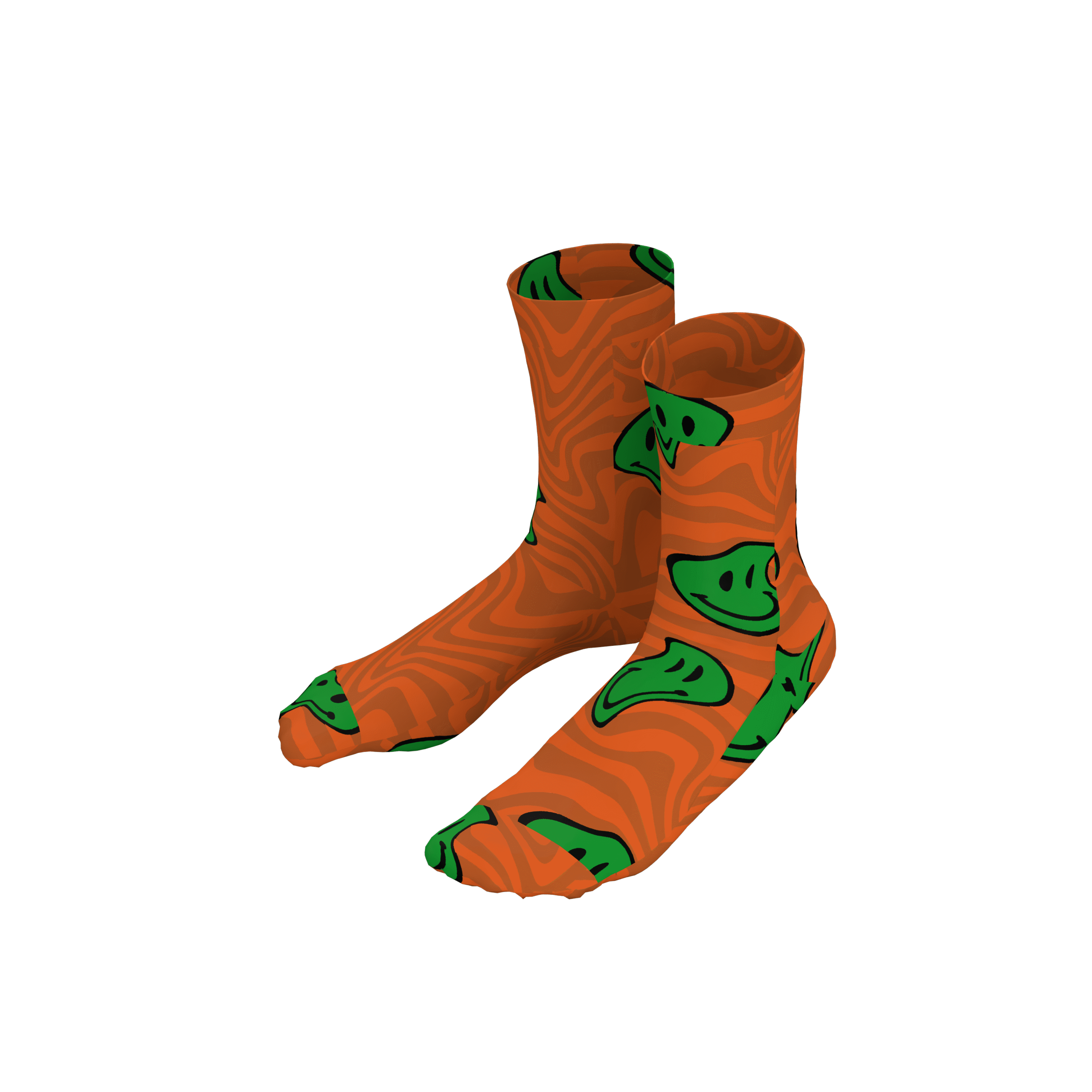 MEALLDAY Melt Collection crew sock in Ember colorway — orange base with dark orange swirl and melting green smiley faces
