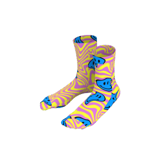 MEALLDAY Melt Collection crew sock in Glitch colorway — purple base with yellow swirl and melting blue smiley faces, styled