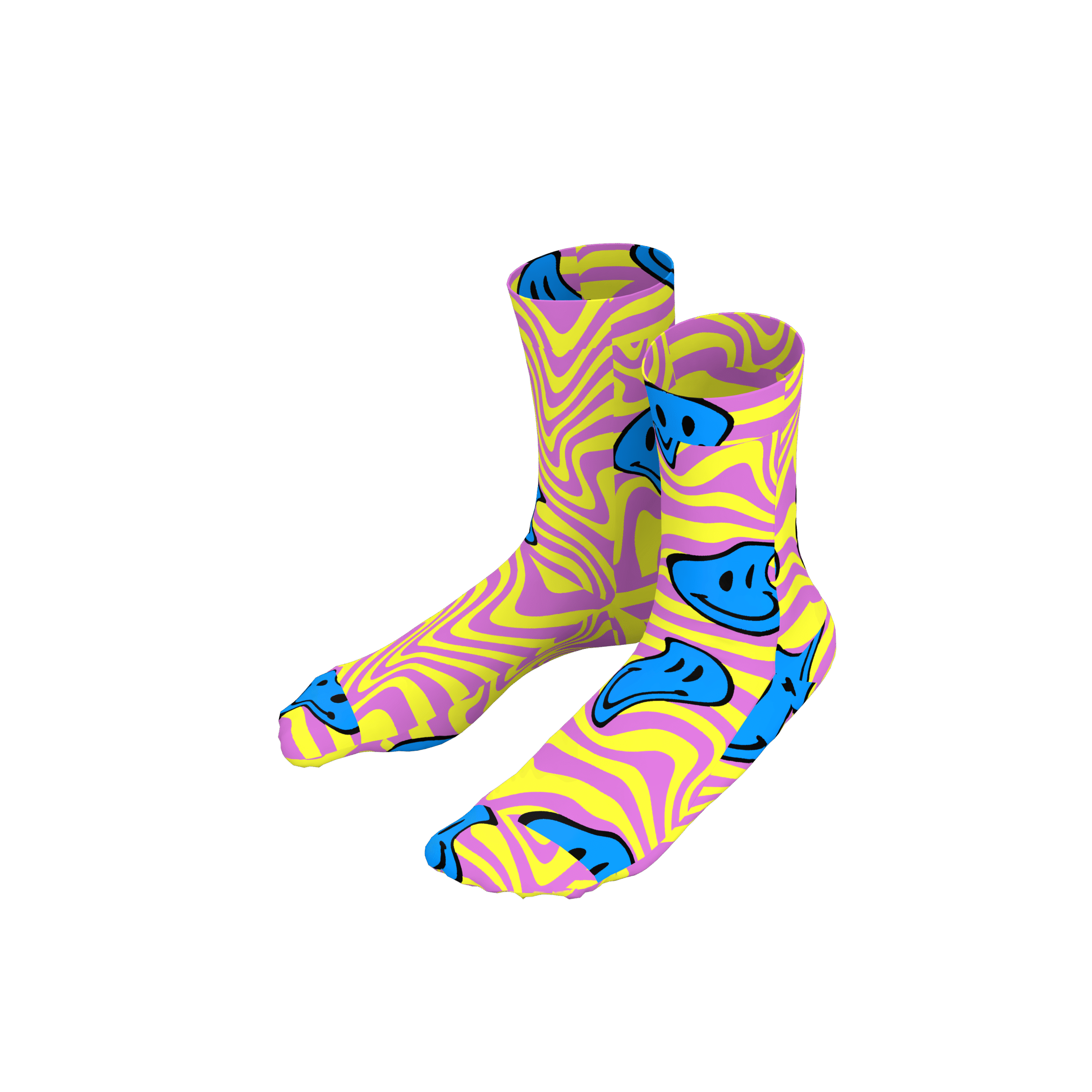 MEALLDAY Melt Collection crew sock in Glitch colorway — purple base with yellow swirl and melting blue smiley faces, styled
