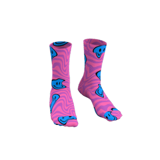 MEALLDAY Melt Collection crew sock in Mirage colorway — pink base with purple swirl and melting blue smiley faces