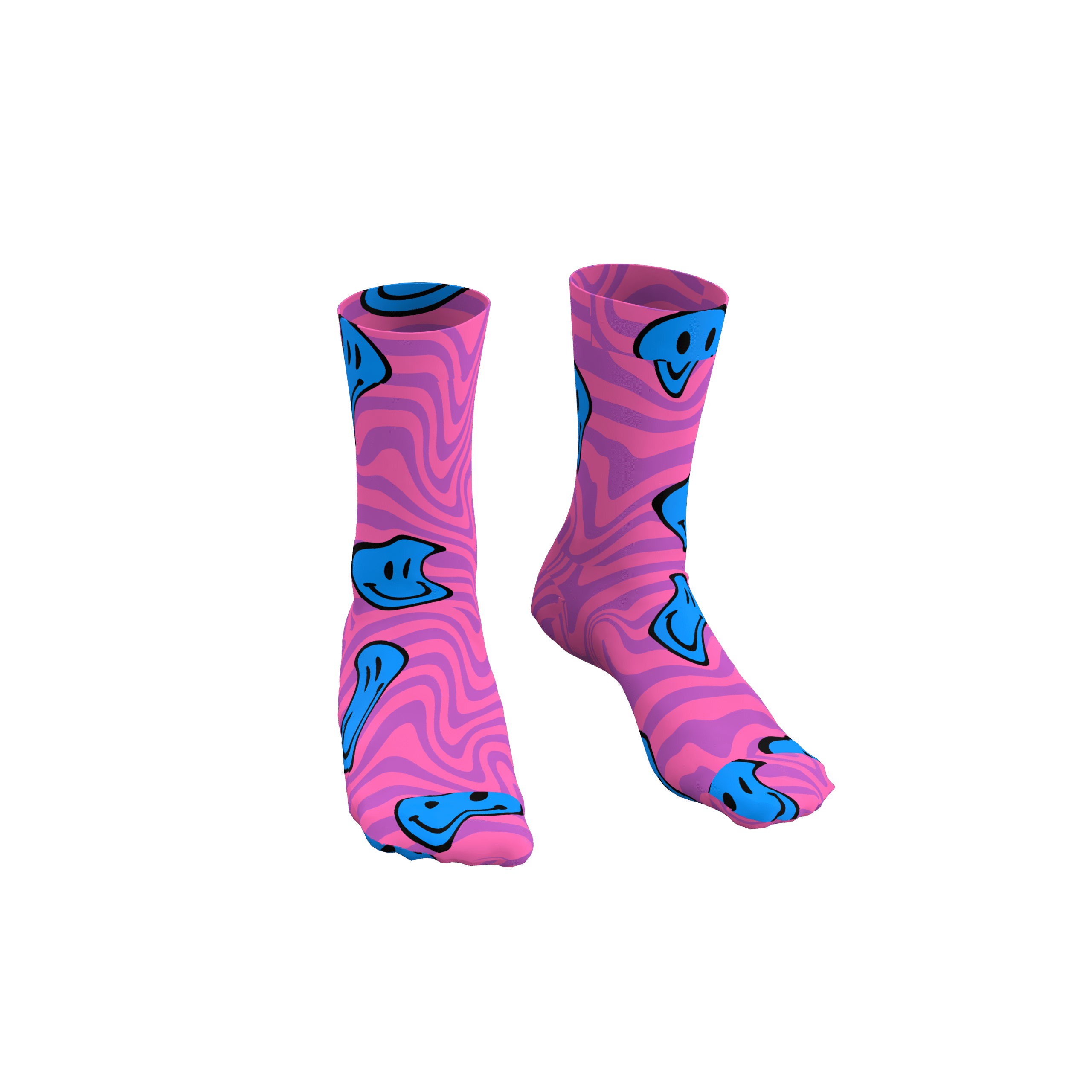 MEALLDAY Melt Collection crew sock in Mirage colorway — pink base with purple swirl and melting blue smiley faces