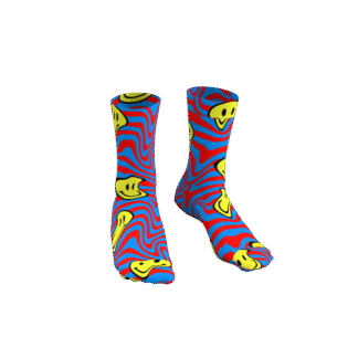 MEALLDAY Melt Collection crew sock in Riot colorway — blue base with red swirl pattern and melting yellow smiley faces