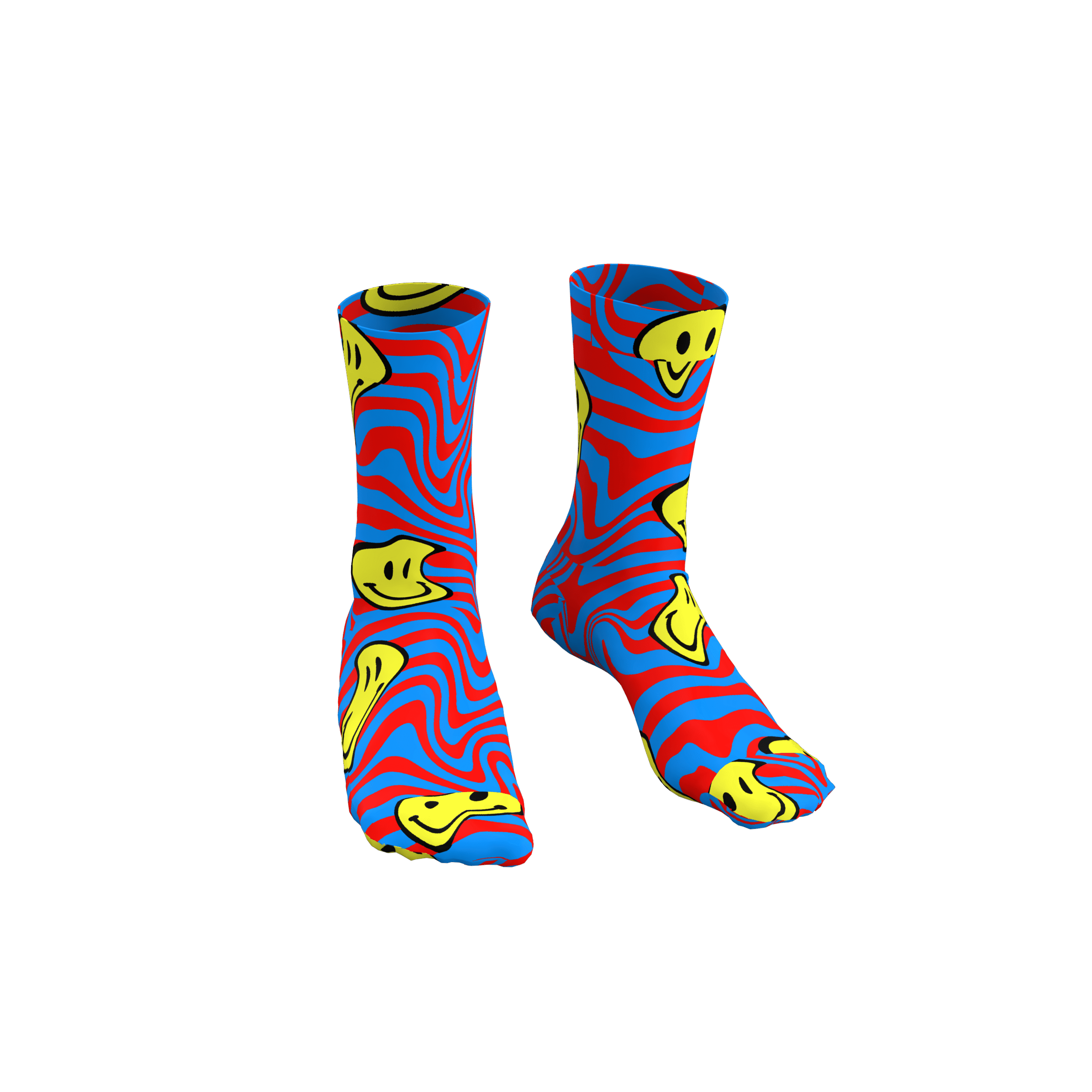MEALLDAY Melt Collection crew sock in Riot colorway — blue base with red swirl pattern and melting yellow smiley faces