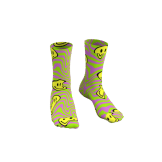 MEALLDAY Melt Collection crew sock in Slime colorway — neon green base with lavender purple swirl and melting yellow smiley faces