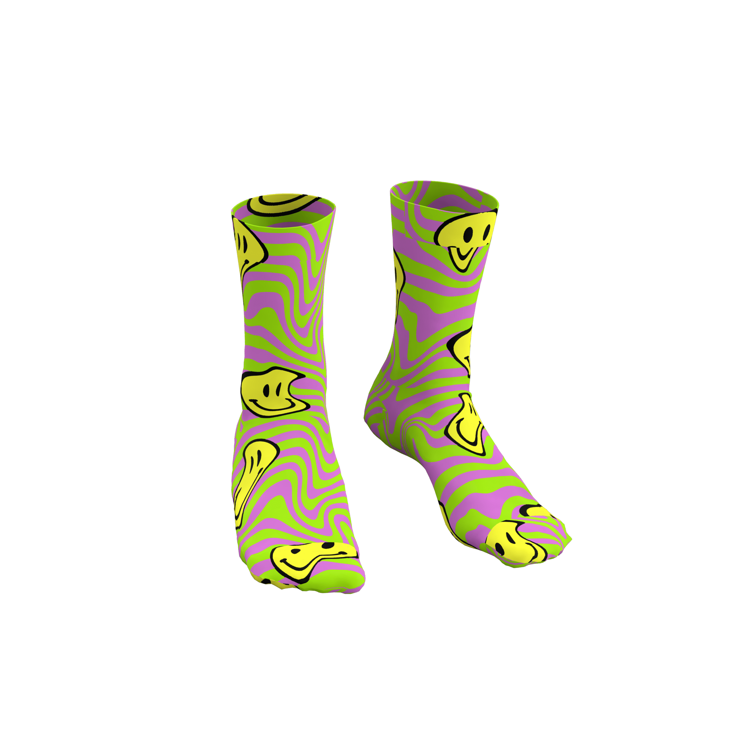 MEALLDAY Melt Collection crew sock in Slime colorway — neon green base with lavender purple swirl and melting yellow smiley faces
