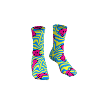 MEALLDAY Melt Collection crew sock in Solar colorway — blue base with yellow swirl and melting pink smiley faces, styled flat lay
