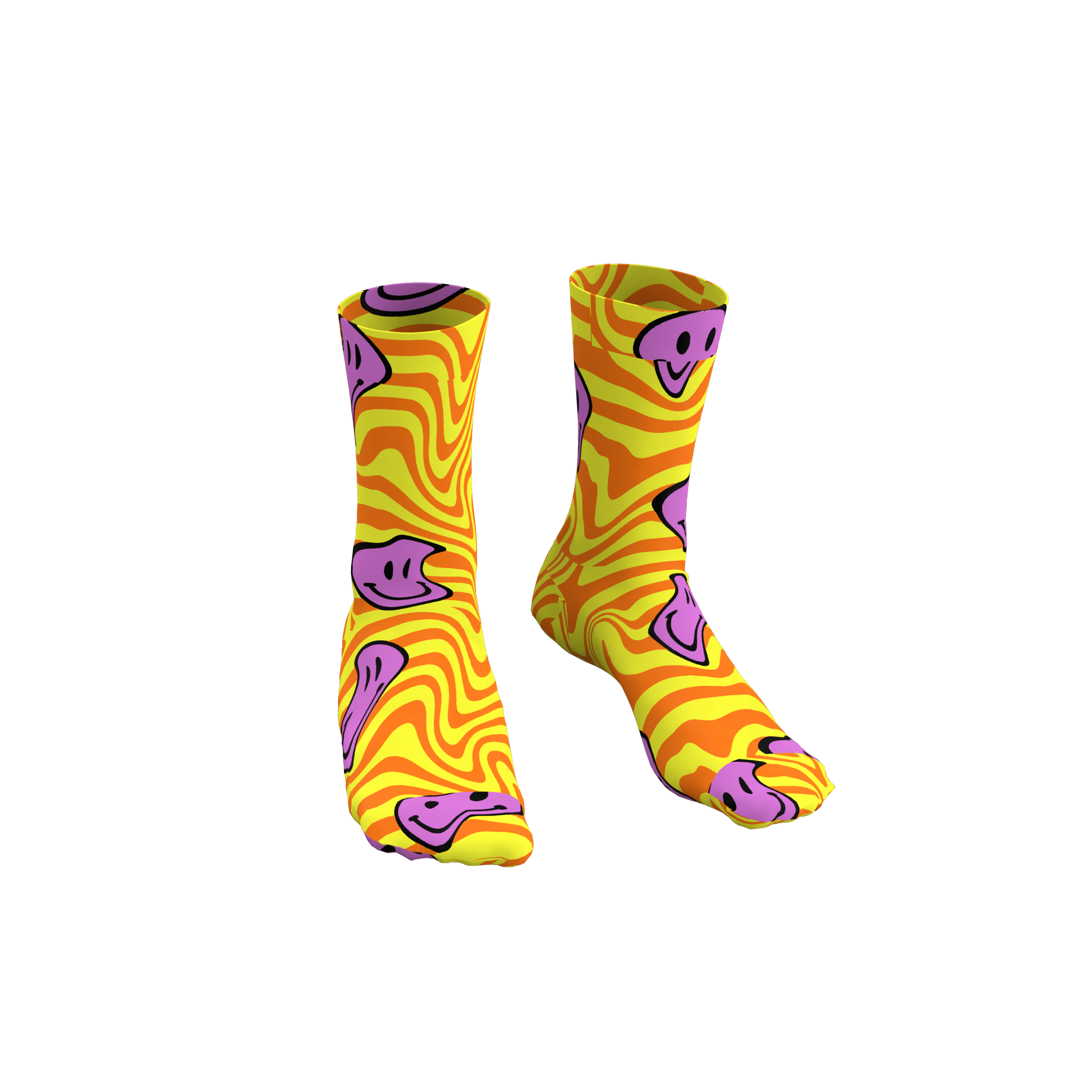 MEALLDAY Melt Collection crew sock in Sunset colorway — yellow base with orange swirl and melting purple smiley faces