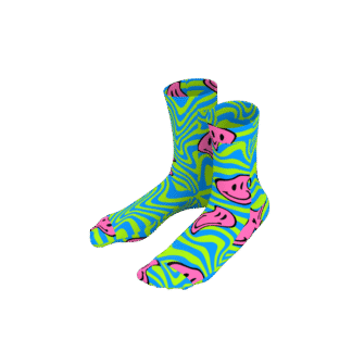 MEALLDAY Melt Collection crew sock in Toxic colorway — blue base with neon green swirl and melting pink smiley faces