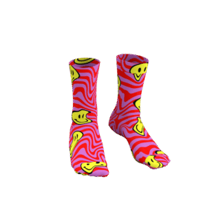 MEALLDAY Melt Collection crew sock in Warp colorway — purple base with red swirl and melting yellow smiley faces