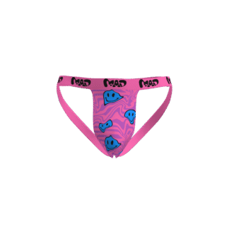 MEALLDAY pink swirl with electric blue melted smileys underwear.
