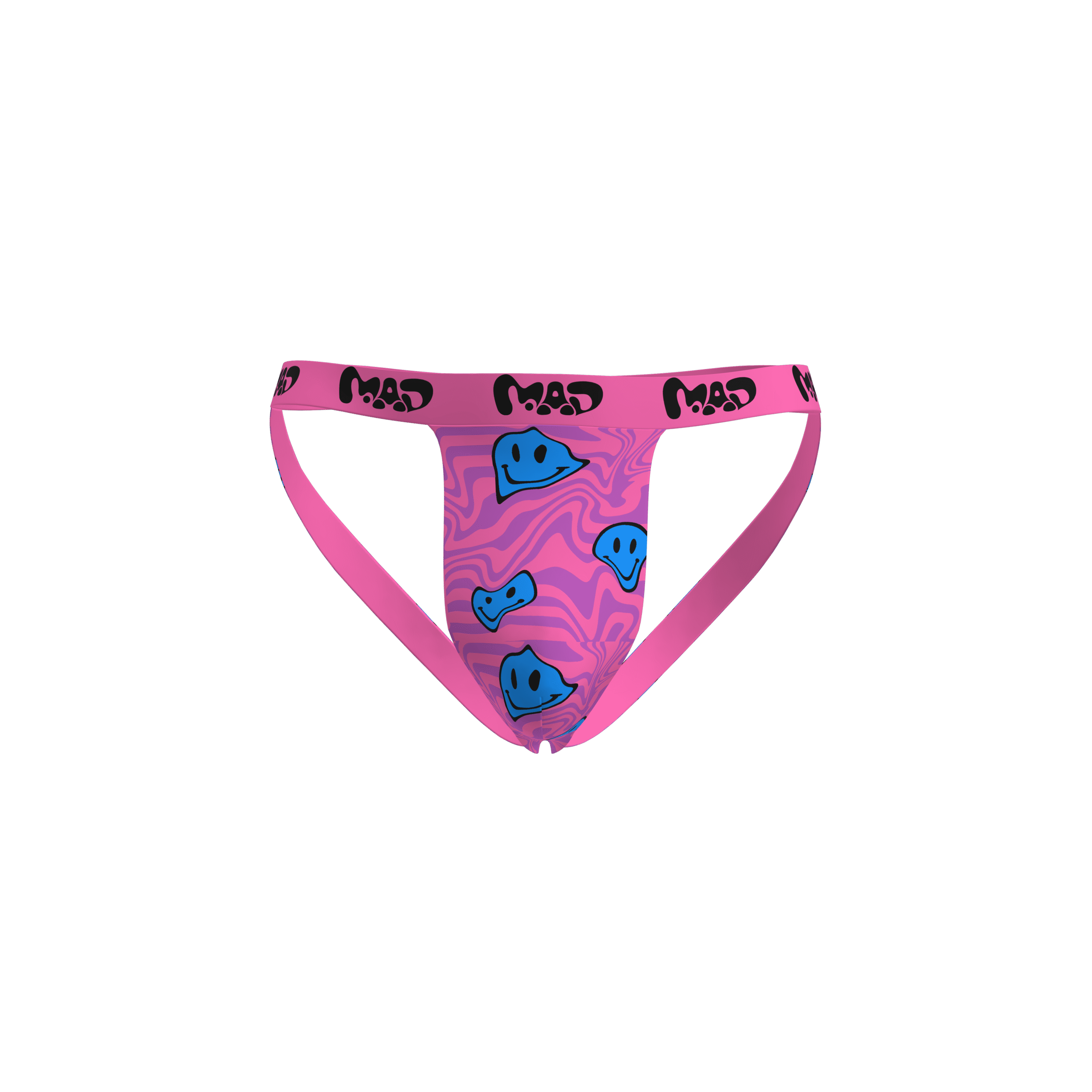 MEALLDAY pink swirl with electric blue melted smileys underwear.