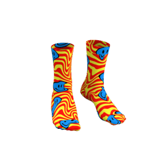 MEALLDAY Melt Collection crew sock in Voltage colorway — yellow base with red swirl pattern and melting blue smiley faces