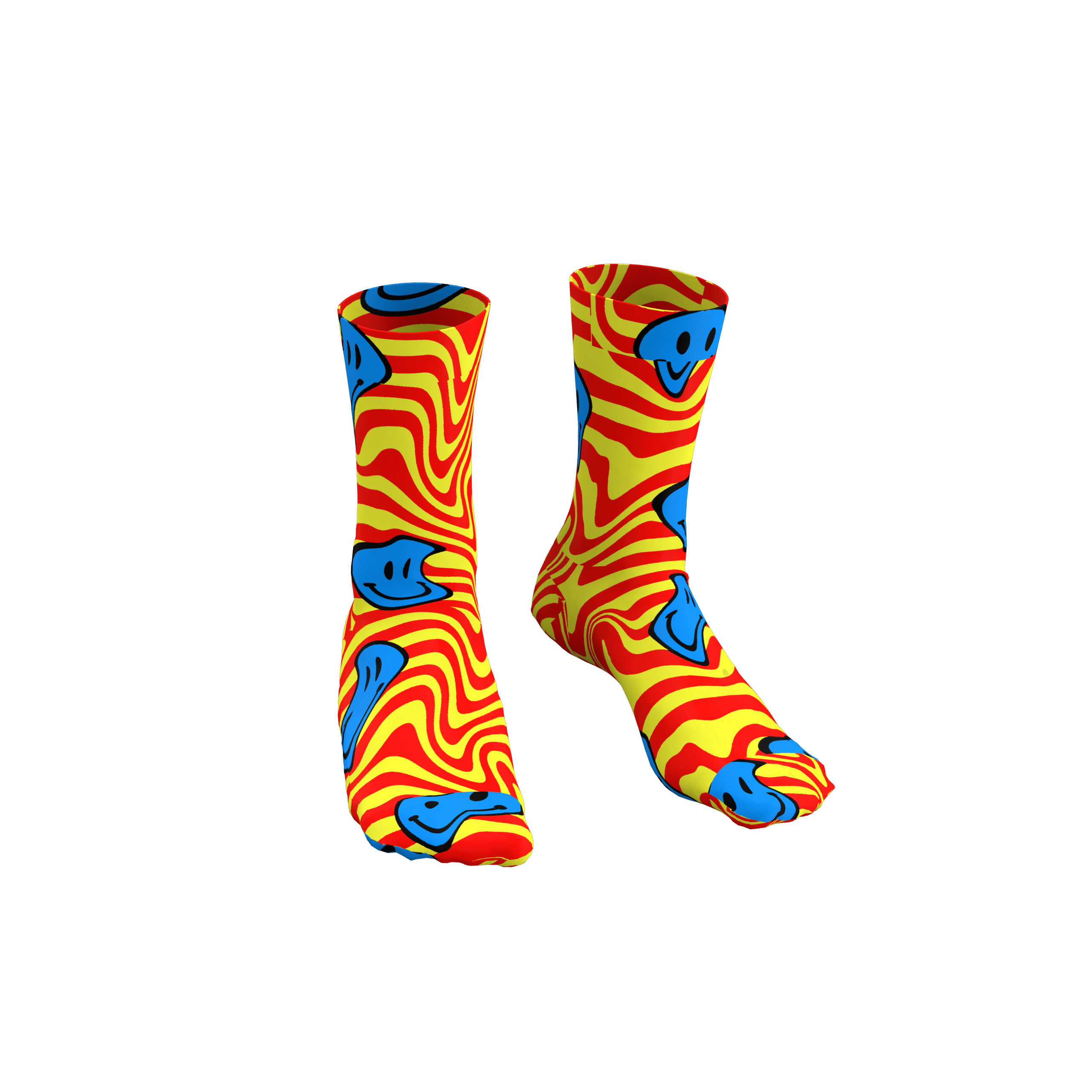 MEALLDAY Melt Collection crew sock in Voltage colorway — yellow base with red swirl pattern and melting blue smiley faces